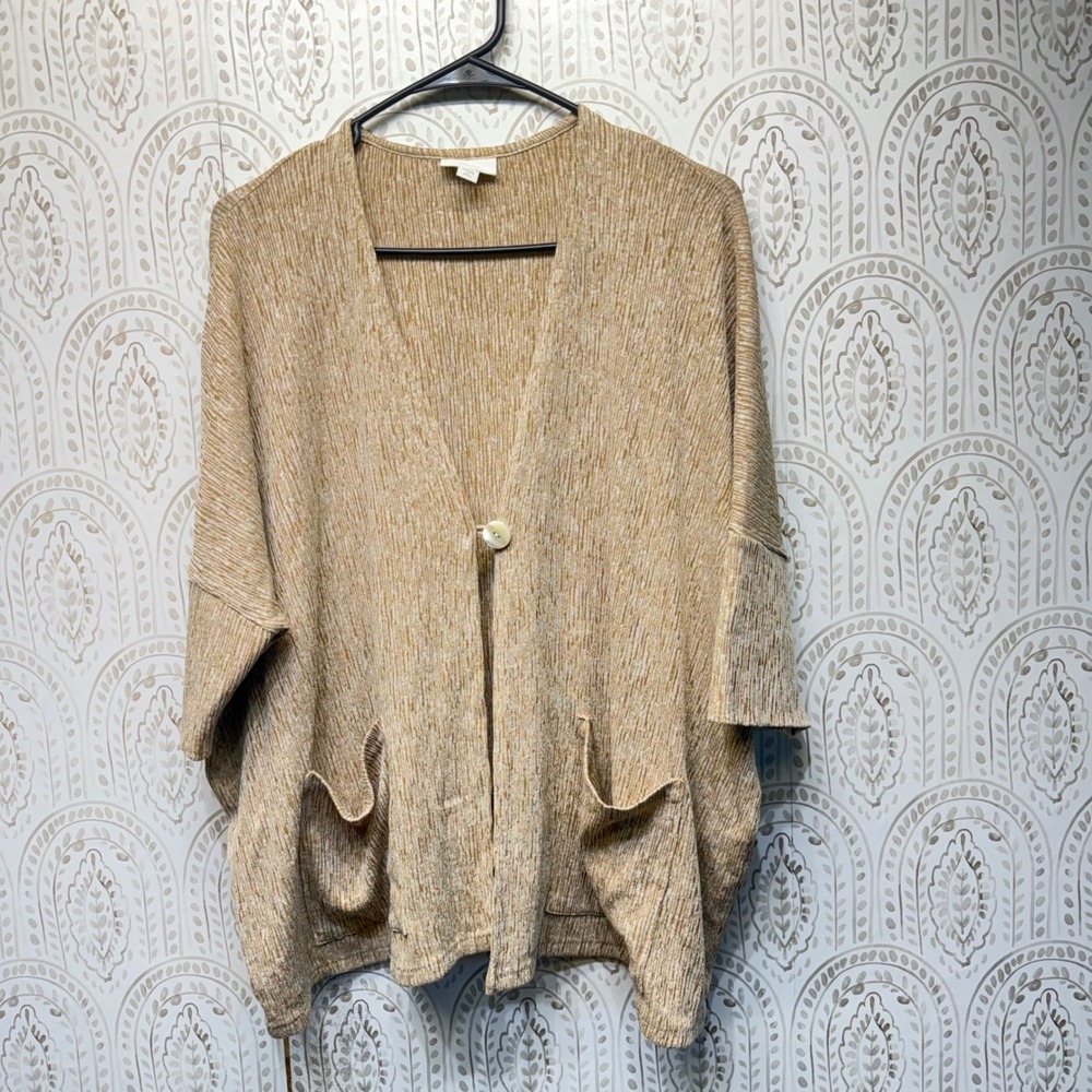 Pure Jill Cardigan Women L Petite Tan Linen Blend Single Button Oversized Pocket